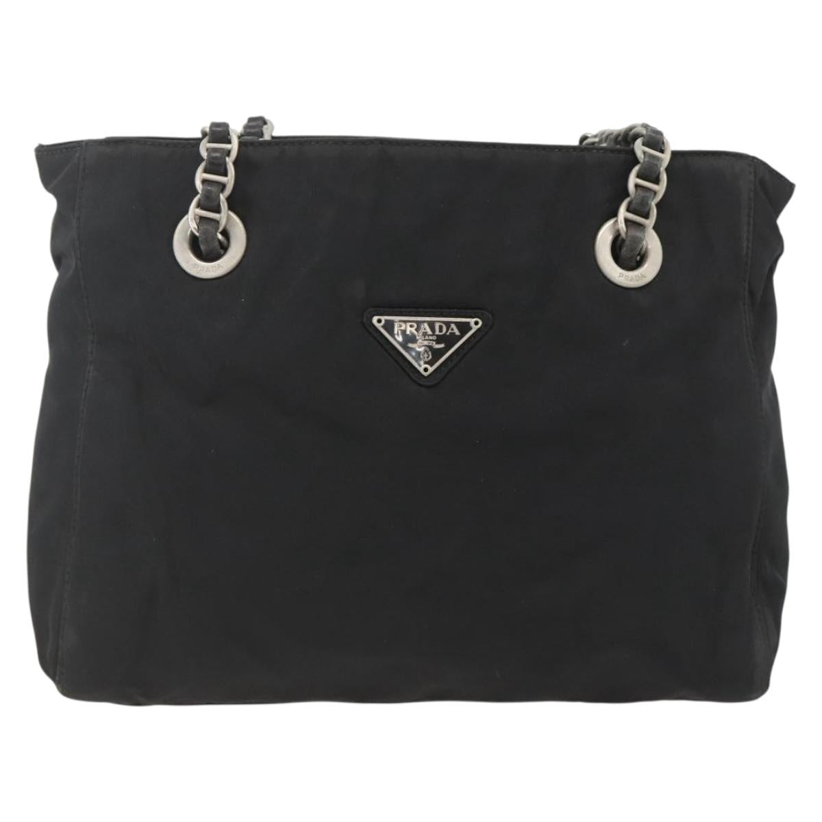 PRADA Chain Tote Bag Nylon Black Silver Auth bs34326