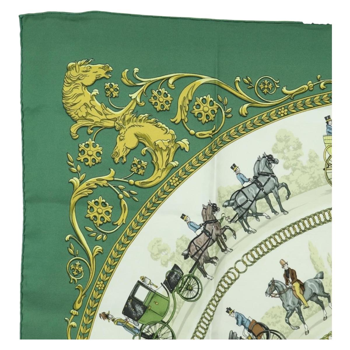 HERMES Carre 90 Scarf ""LA PROMENADE DE LONGCHAMPS"" Silk Green Auth bs34350