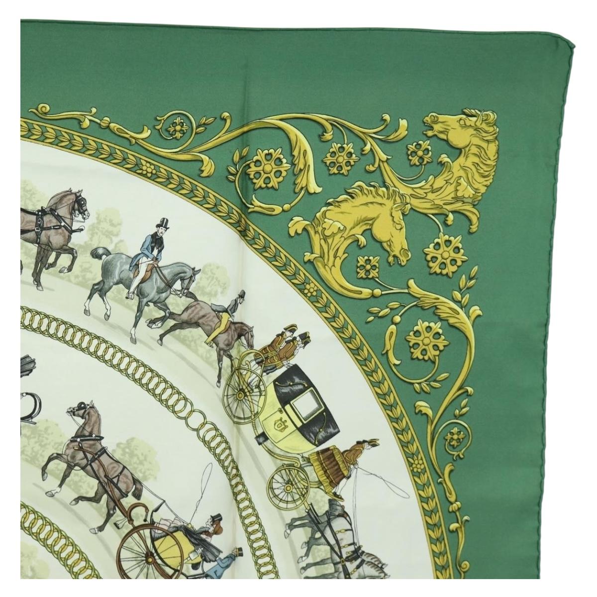 HERMES Carre 90 Scarf ""LA PROMENADE DE LONGCHAMPS"" Silk Green Auth bs34350