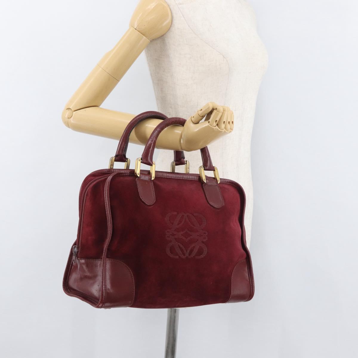 LOEWE Anagram Hand Bag Suede Leather Bordeaux Gold Auth bs34369
