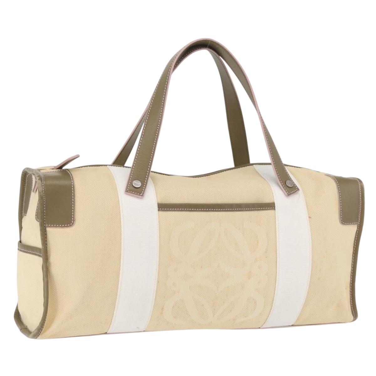 LOEWE Anagram Hand Bag Canvas Leather Beige Silver Auth bs34373