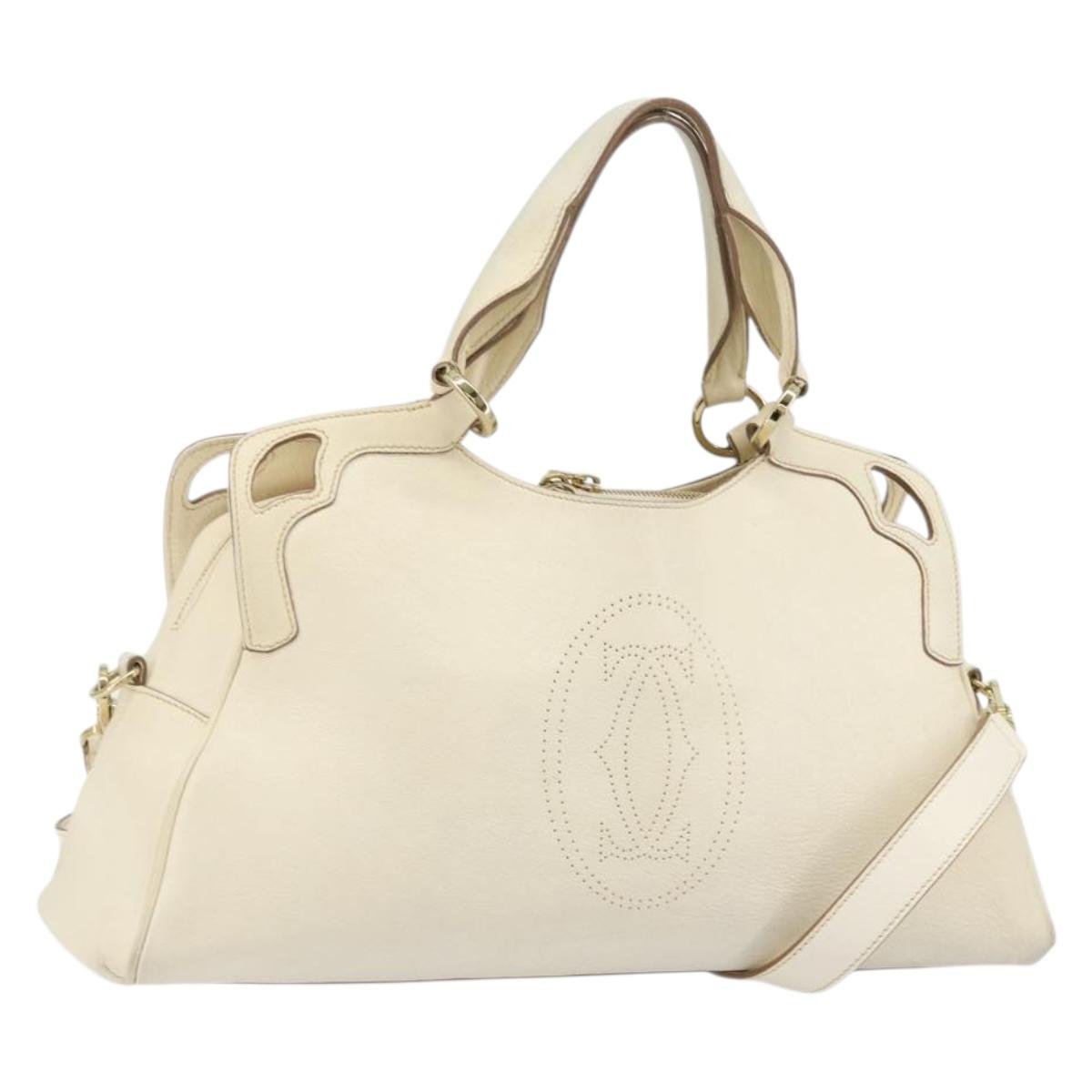 CARTIER Hand Bag Leather 2way Ivory Gold Auth bs34377
