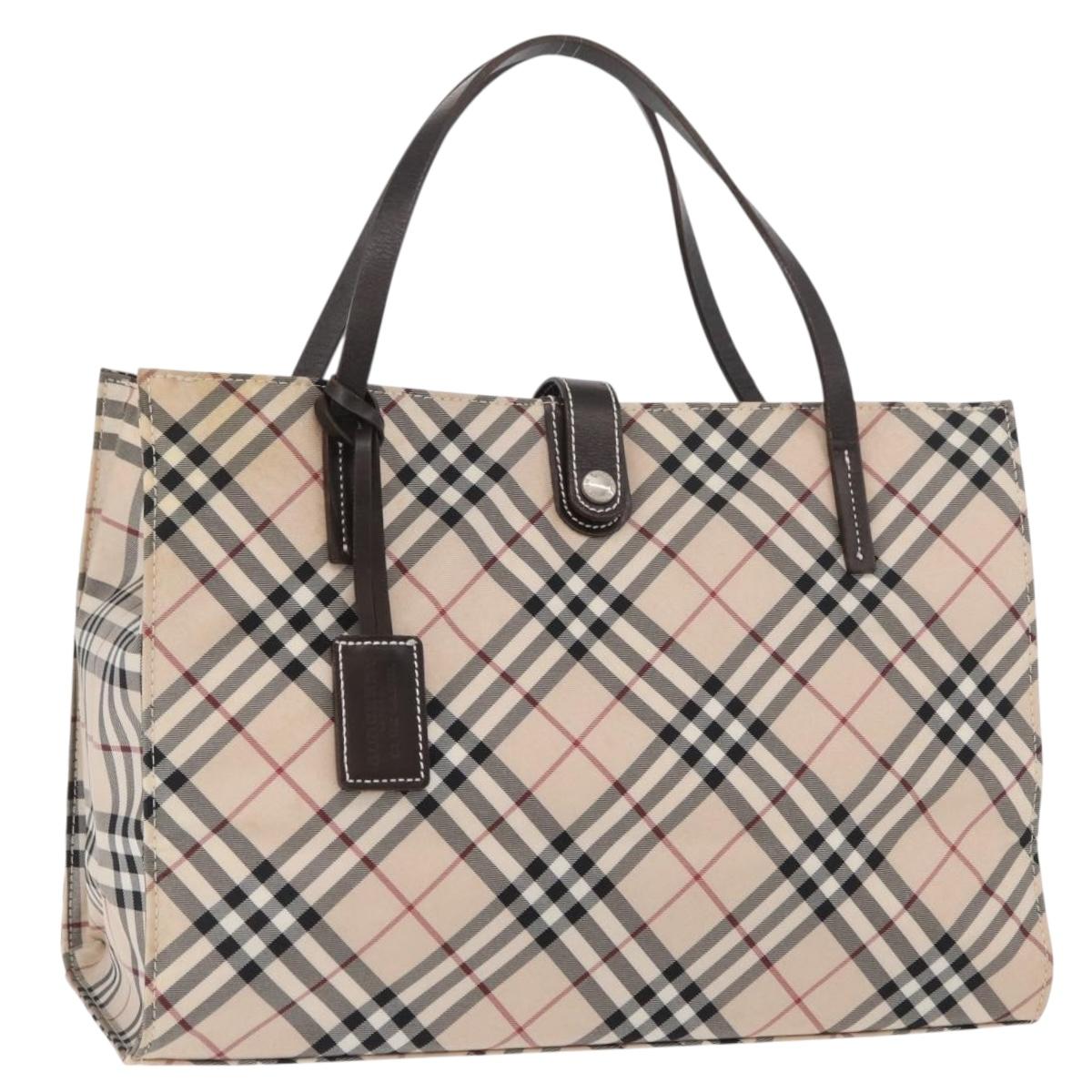 BURBERRY Nova Check Blue Label Hand Bag Nylon Beige Silver Auth bs34396