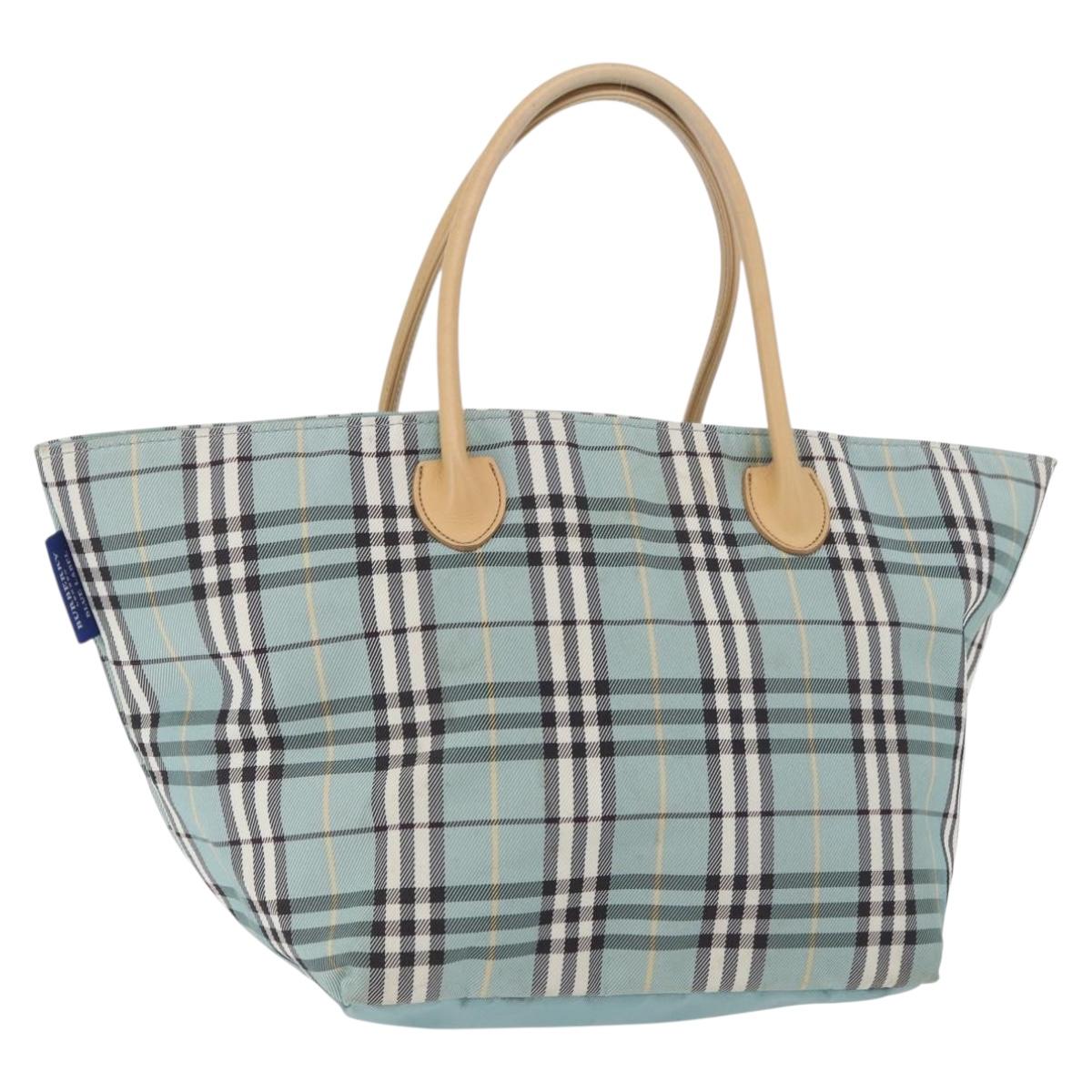BURBERRY Nova Check Blue Label Hand Bag Nylon Light Blue Silver Auth bs34397
