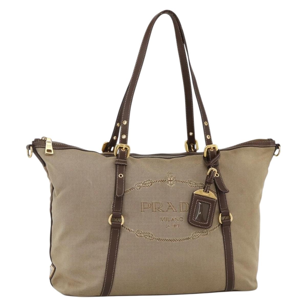 PRADA Tote Bag Canvas Beige Gold Auth bs34420