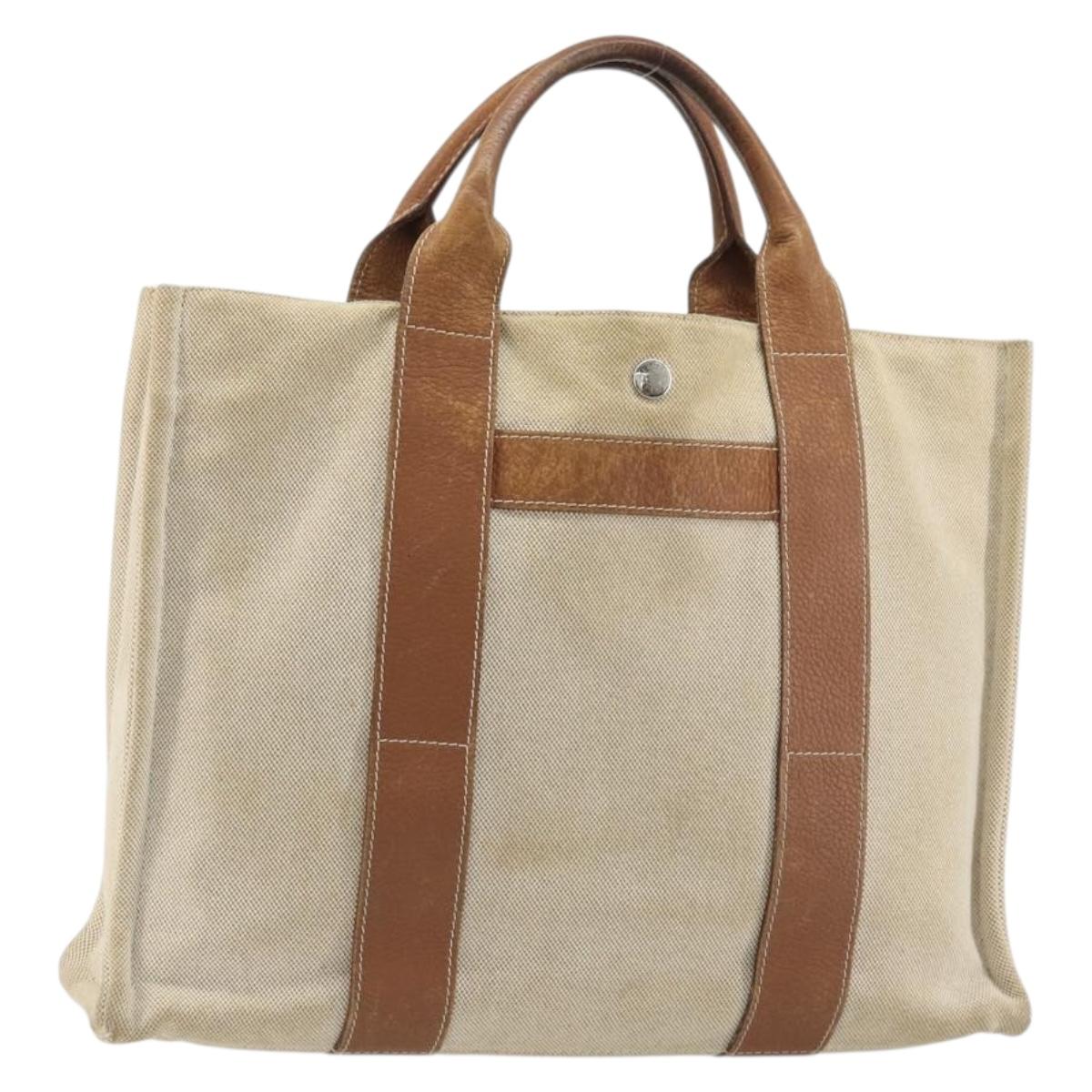 HERMES Sac Arne MM Hand Bag Canvas Beige Silver Auth bs34423