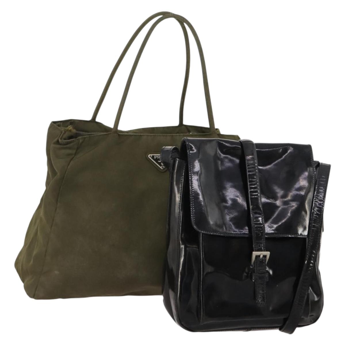 PRADA Hand Bag Nylon Patent leather 2 Set Black Green Auth bs34458