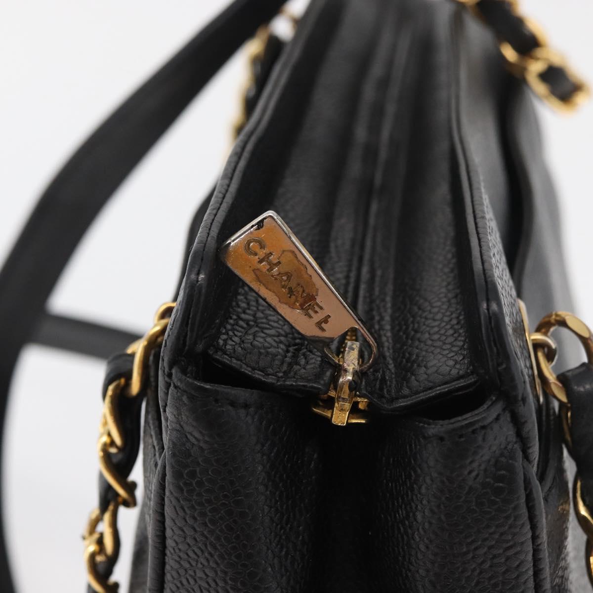 CHANEL Chain Tote Bag Caviar Skin Black Gold CC Auth bs34487A