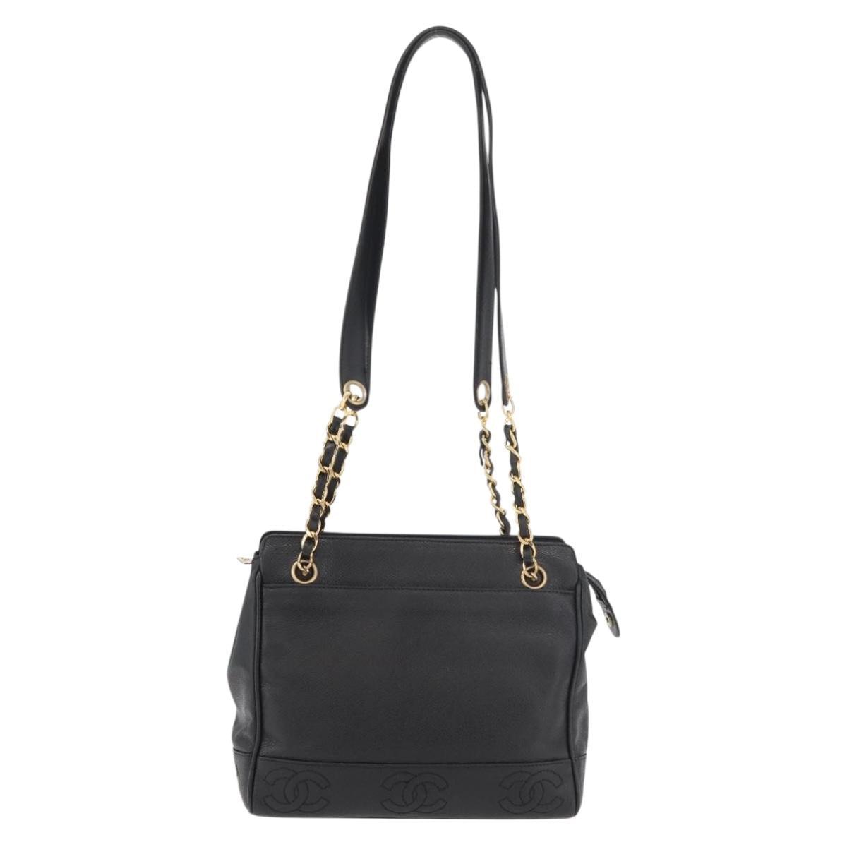 CHANEL Chain Tote Bag Caviar Skin Black Gold CC Auth bs34487A