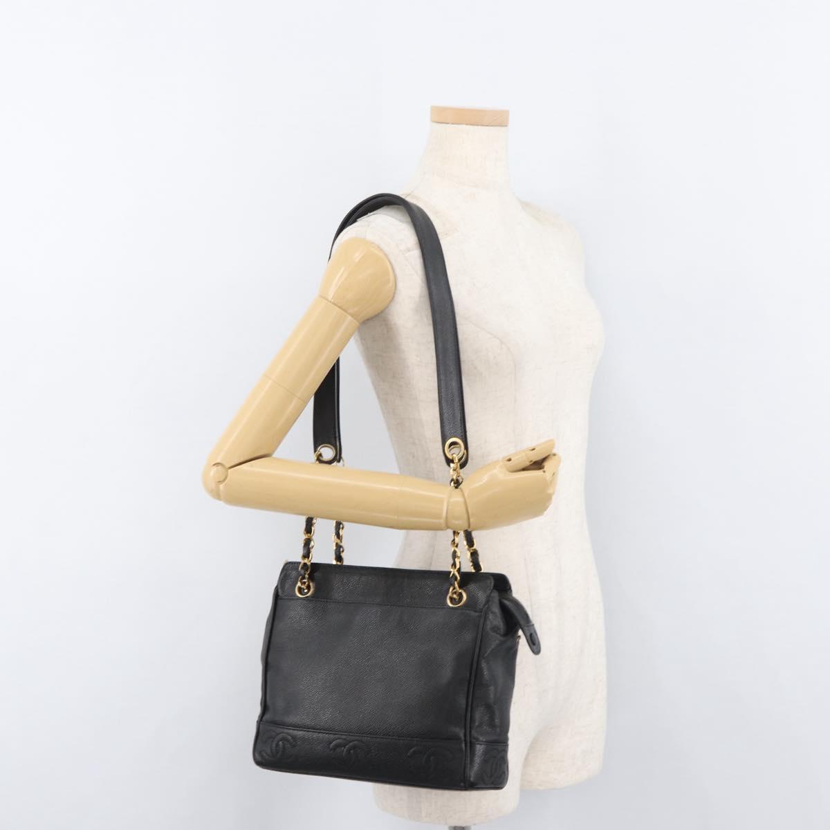 CHANEL Chain Tote Bag Caviar Skin Black Gold CC Auth bs34487A