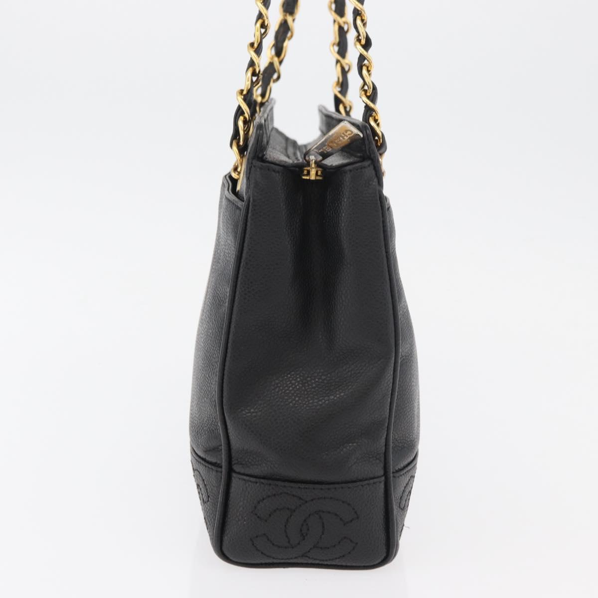 CHANEL Chain Tote Bag Caviar Skin Black Gold CC Auth bs34487A