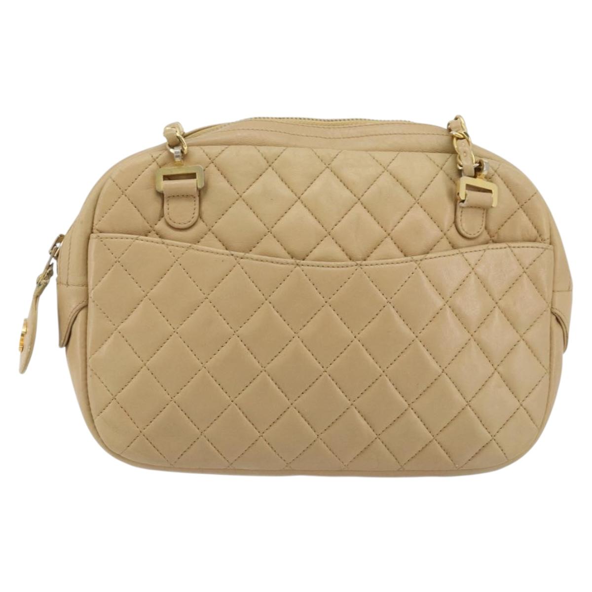 CHANEL Chain Shoulder Bag Leather Beige Gold CC Auth bs34488