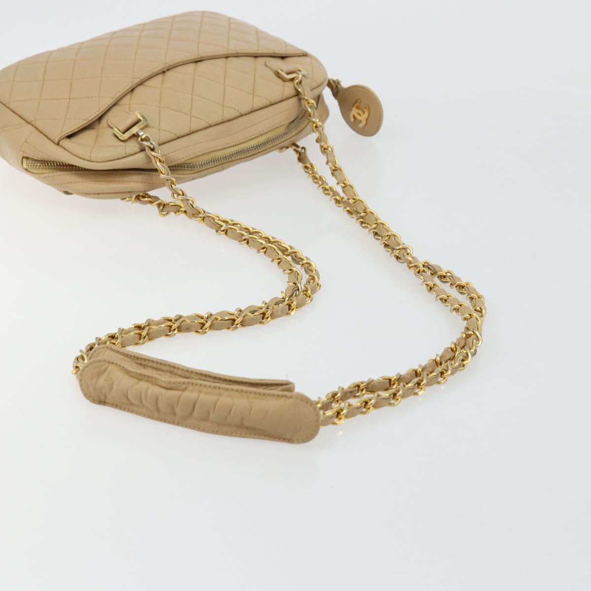 CHANEL Chain Shoulder Bag Leather Beige Gold CC Auth bs34488