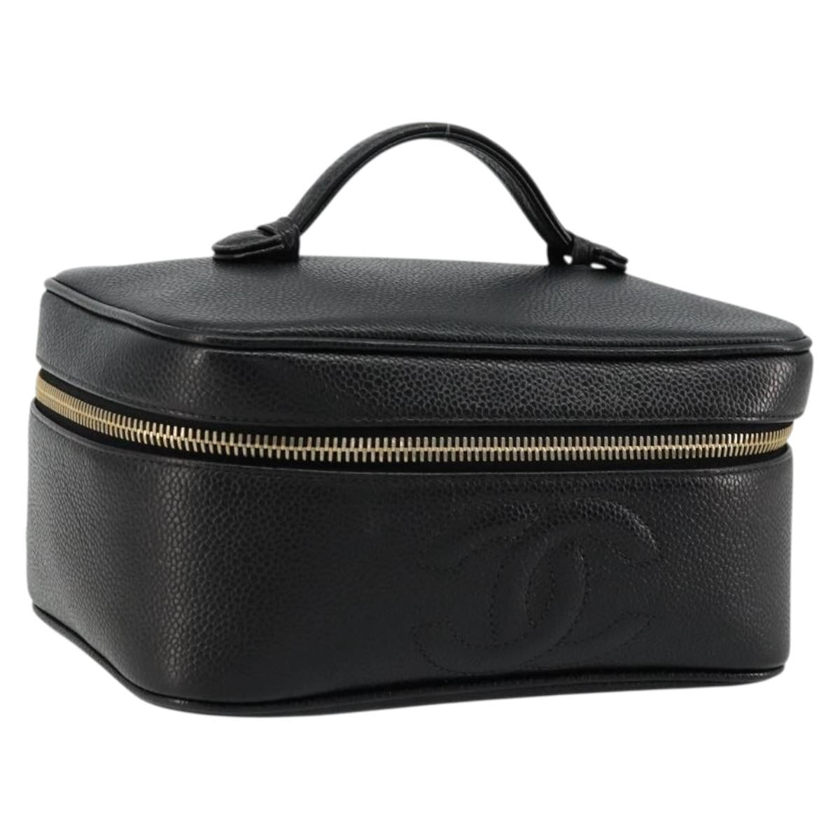 CHANEL Vanity Pouch Caviar Skin Black Gold CC Auth bs34489