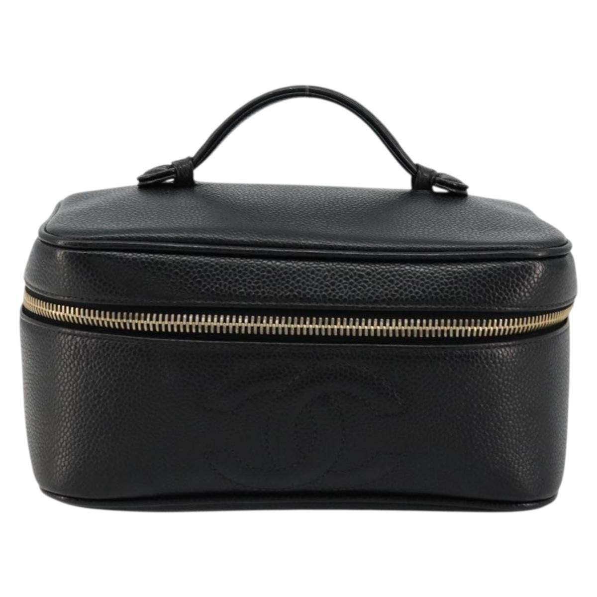 CHANEL Vanity Pouch Caviar Skin Black Gold CC Auth bs34489