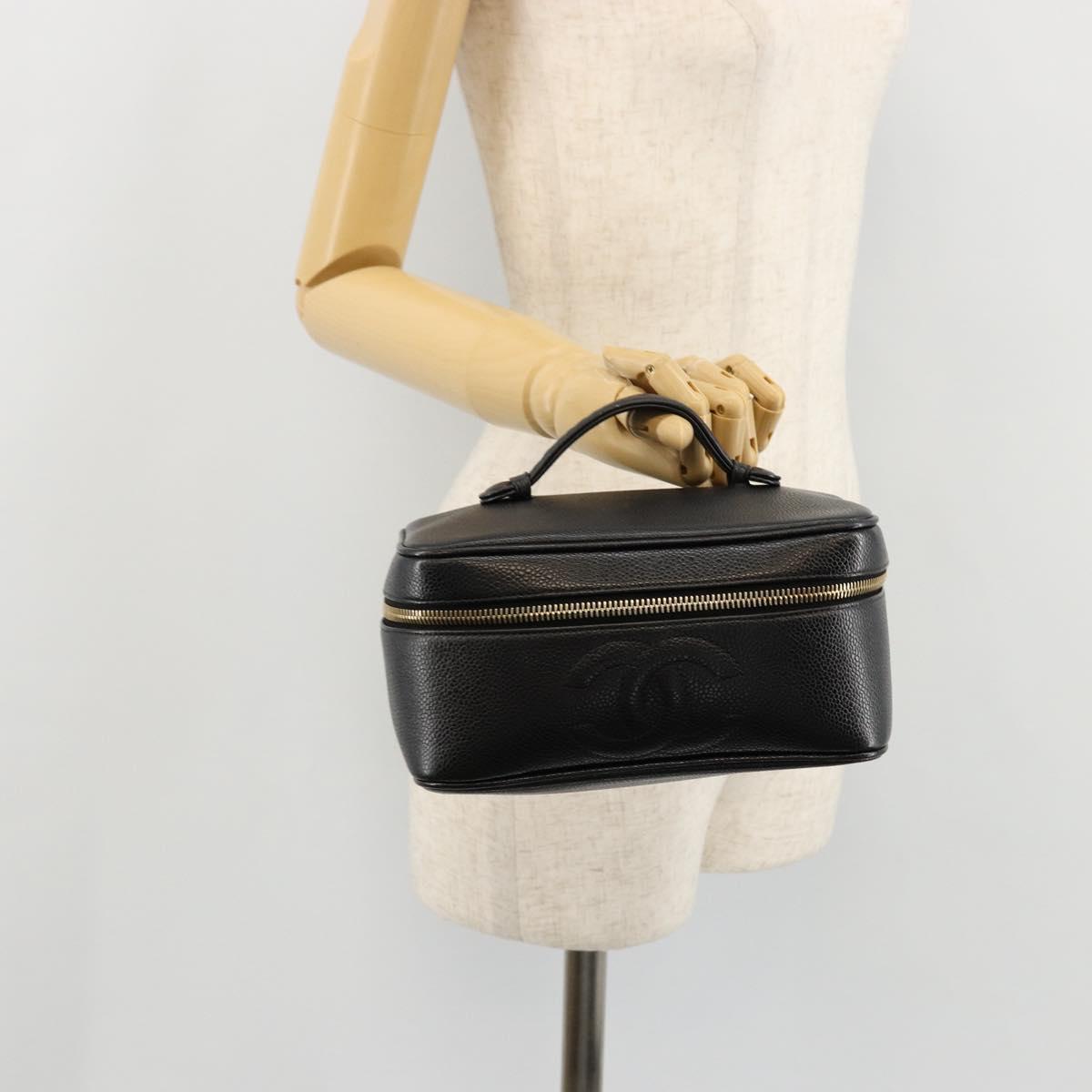 CHANEL Vanity Pouch Caviar Skin Black Gold CC Auth bs34489