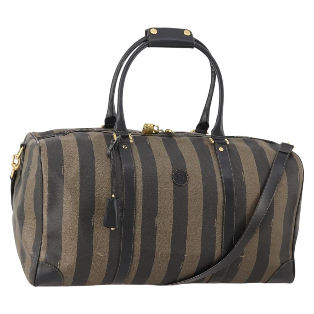 FENDI Pecan Canvas Boston Bag PVC 2way Brown Black Auth bs34526