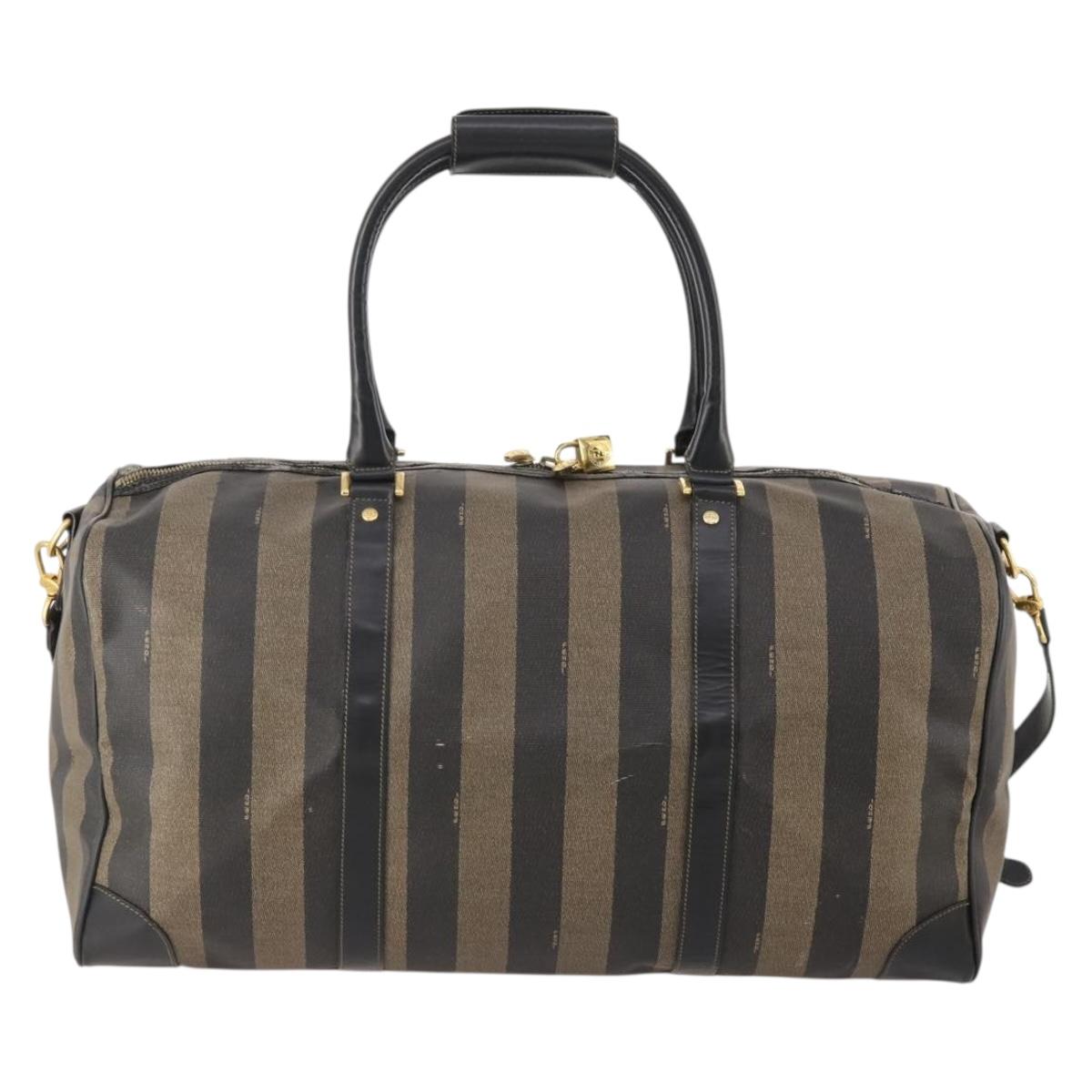 FENDI Pecan Canvas Boston Bag PVC 2way Brown Black Auth bs34526