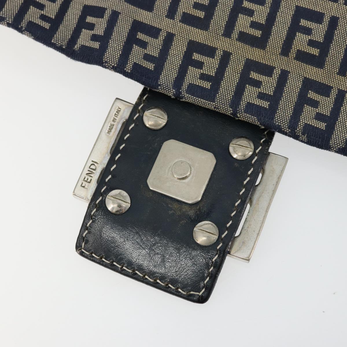 FENDI Zucchino Canvas Mamma Baguette Shoulder Bag Navy Silver Auth bs34528