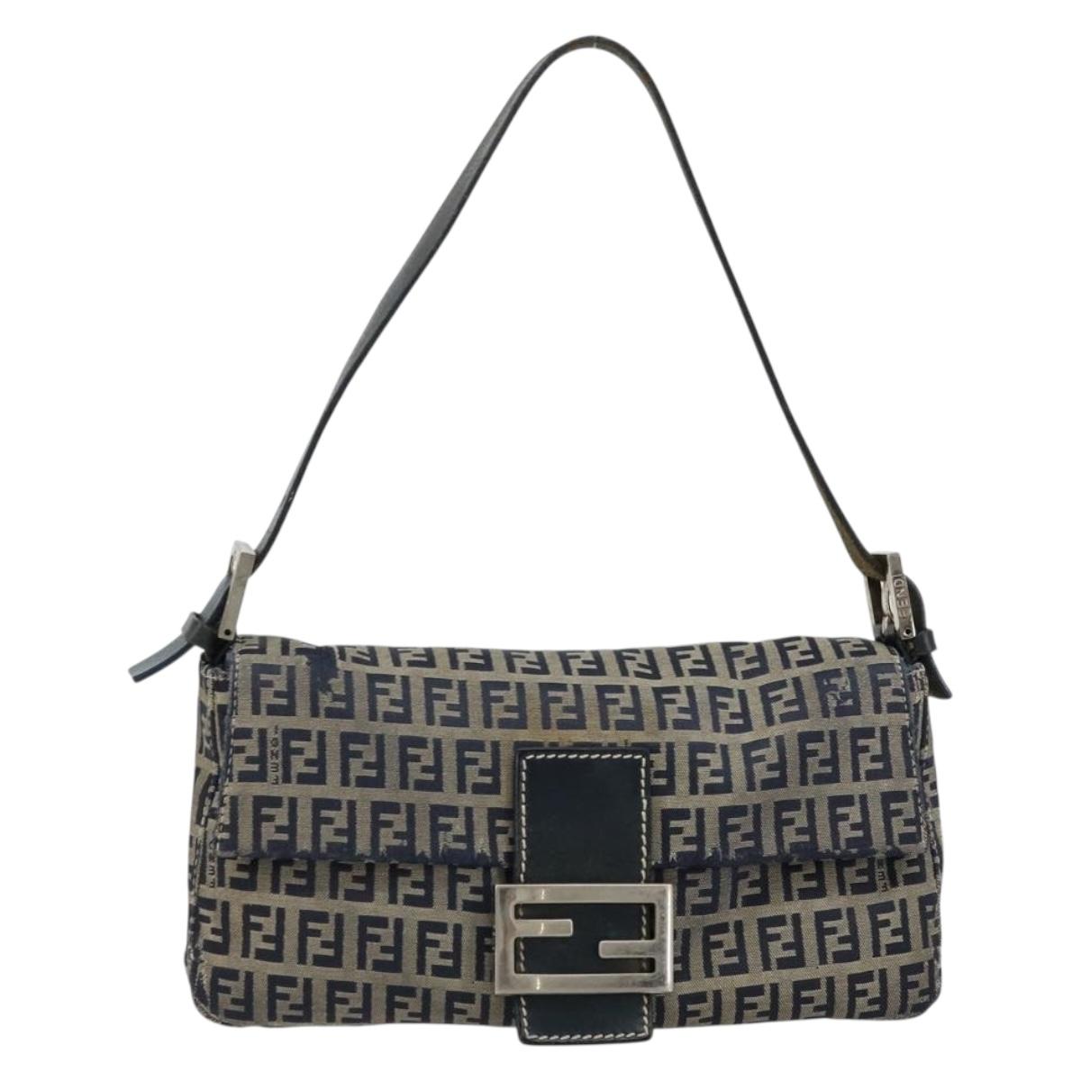 FENDI Zucchino Canvas Mamma Baguette Shoulder Bag Navy Silver Auth bs34528