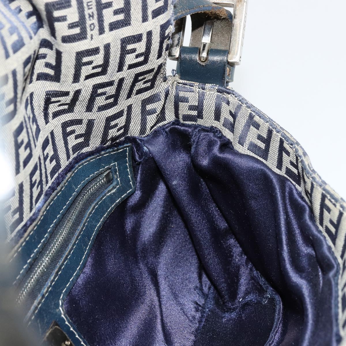 FENDI Zucchino Canvas Mamma Baguette Shoulder Bag Navy Silver Auth bs34528