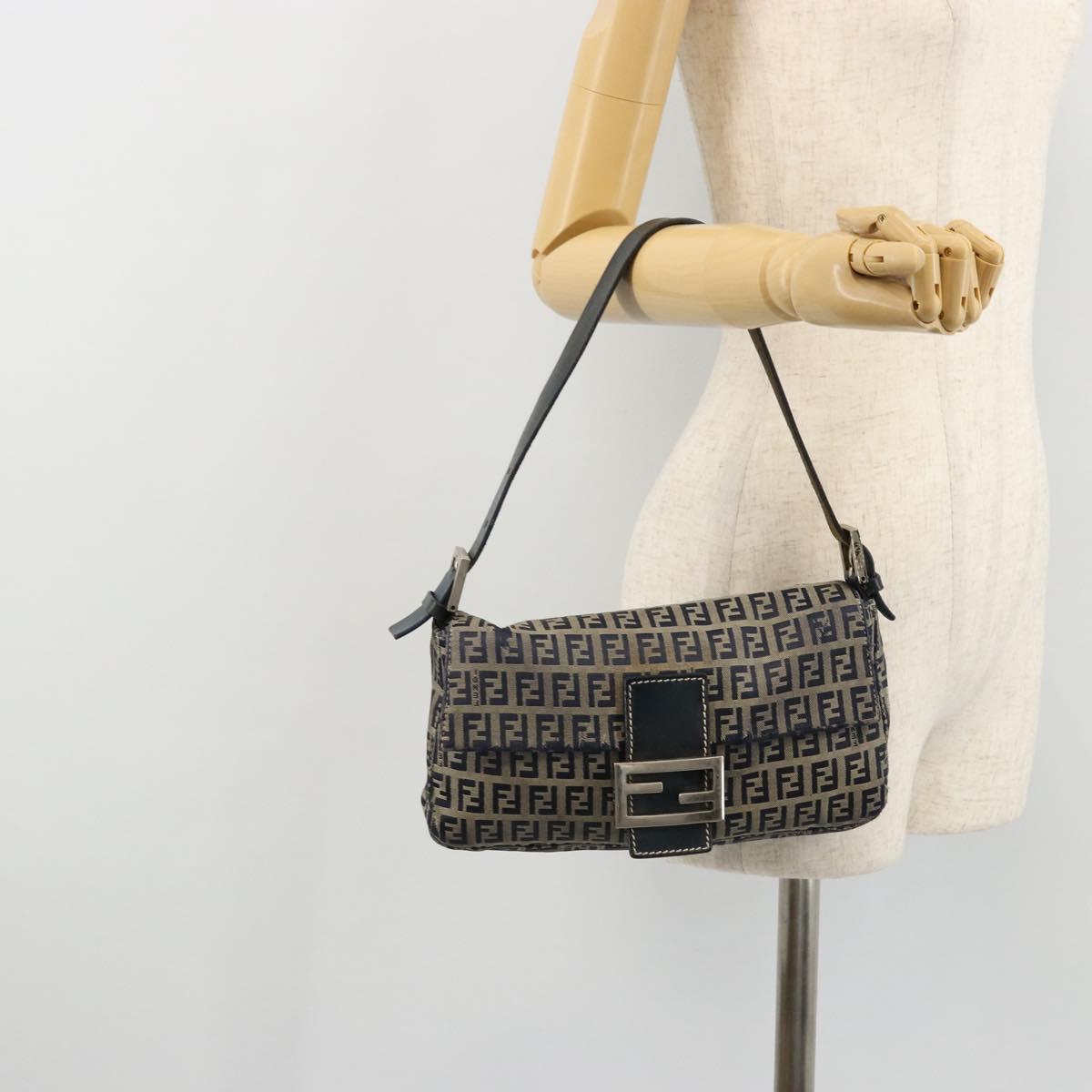 FENDI Zucchino Canvas Mamma Baguette Shoulder Bag Navy Silver Auth bs34528