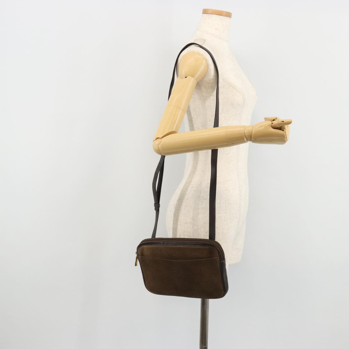 LOEWE Anagram Shoulder Bag Leather Brown Gold Auth bs34530