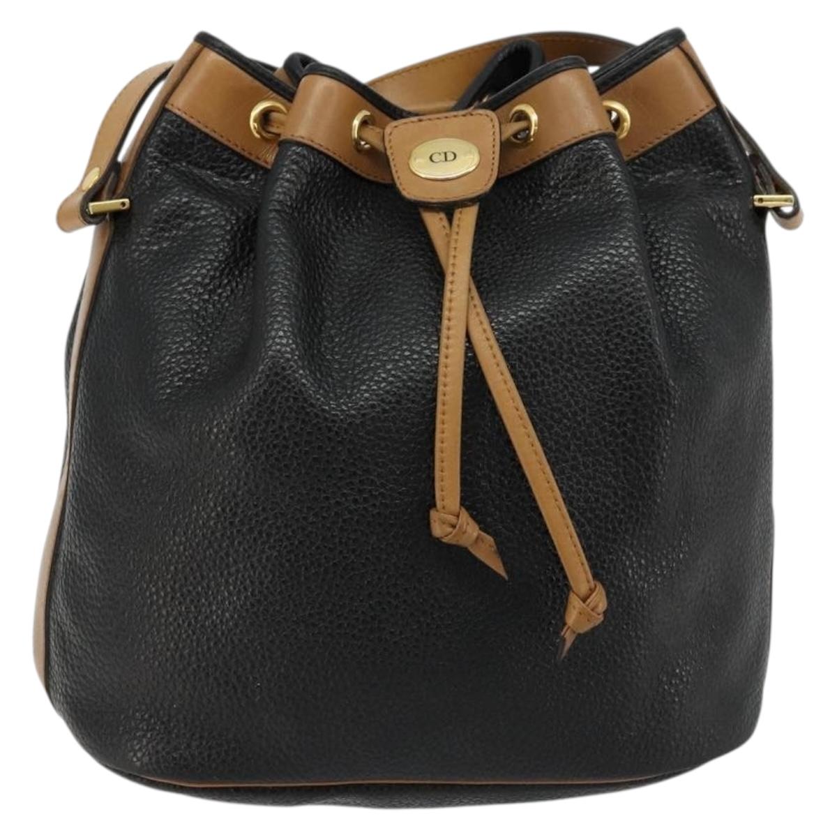 Christian Dior Purse Shoulder Bag Leather Black Gold Auth bs34533