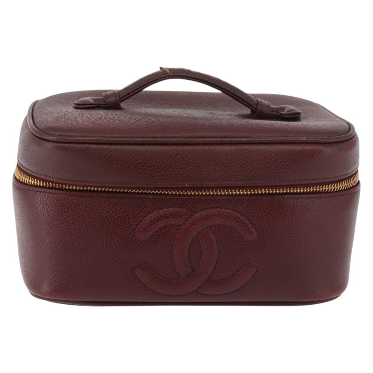 CHANEL Vanity Pouch Caviar Skin Bordeaux Gold CC Auth bs34541