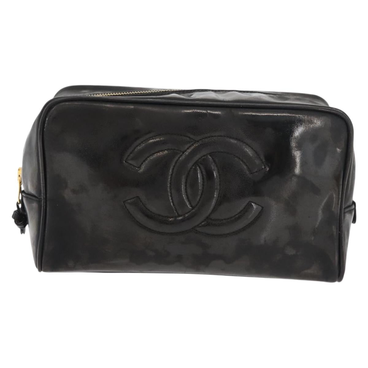 CHANEL Clutch Bag Patent leather Black Gold CC Auth bs34548