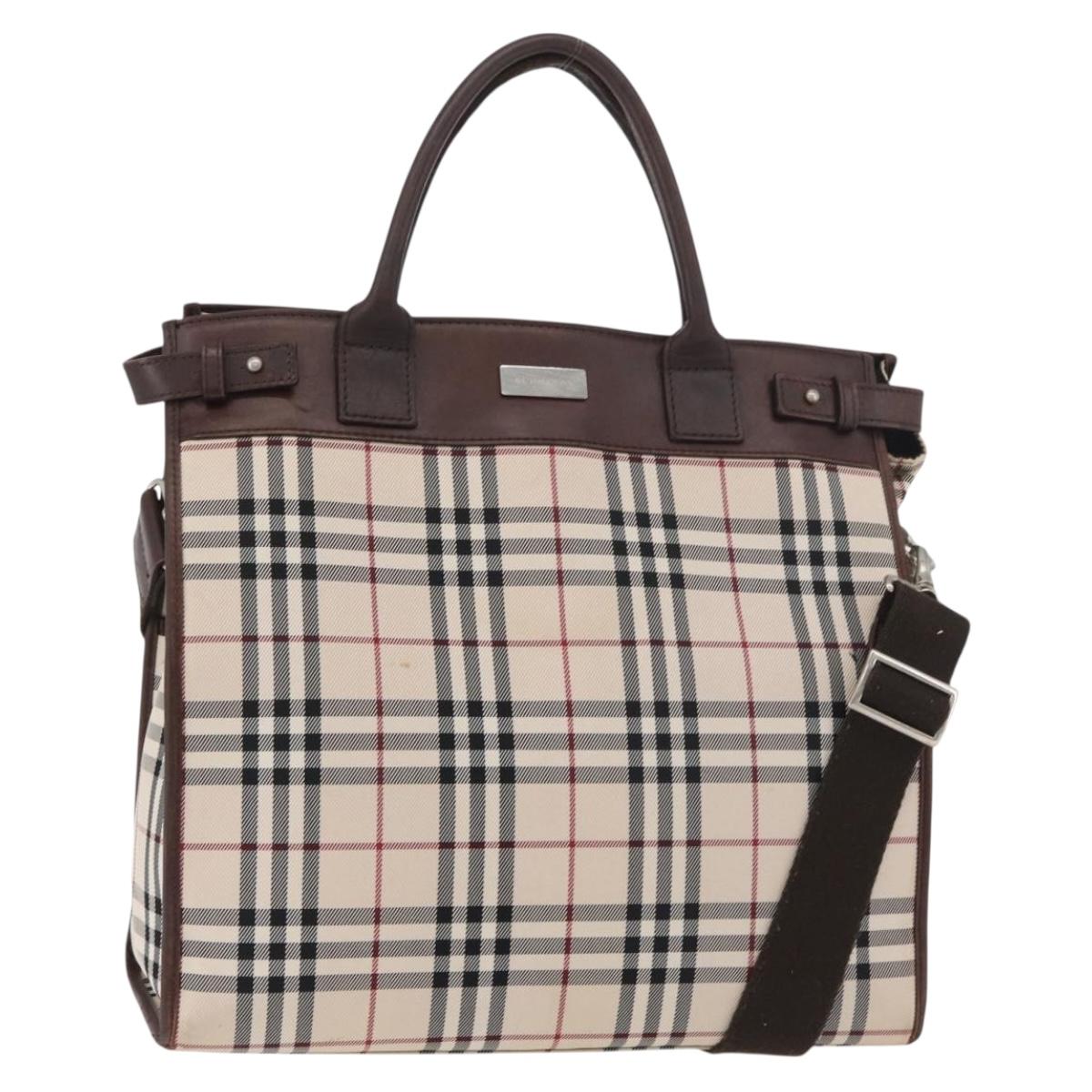BURBERRY Nova Check Tote Bag Canvas Leather 2way Beige Silver Auth bs34550