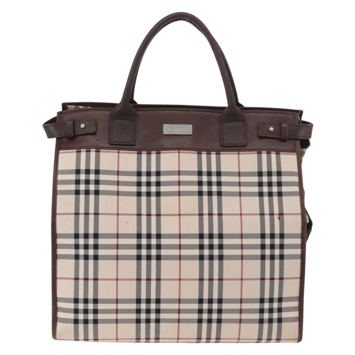 BURBERRY Nova Check Tote Bag Canvas Leather 2way Beige Silver Auth bs34550