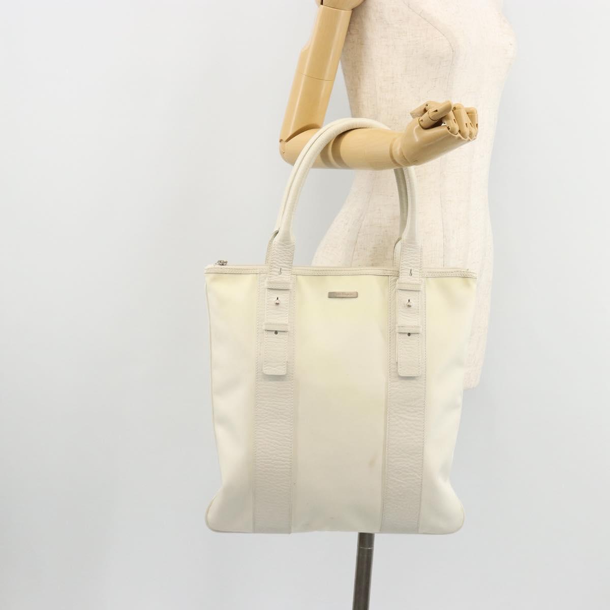 Salvatore Ferragamo Tote Bag Nylon White Silver Auth bs34557