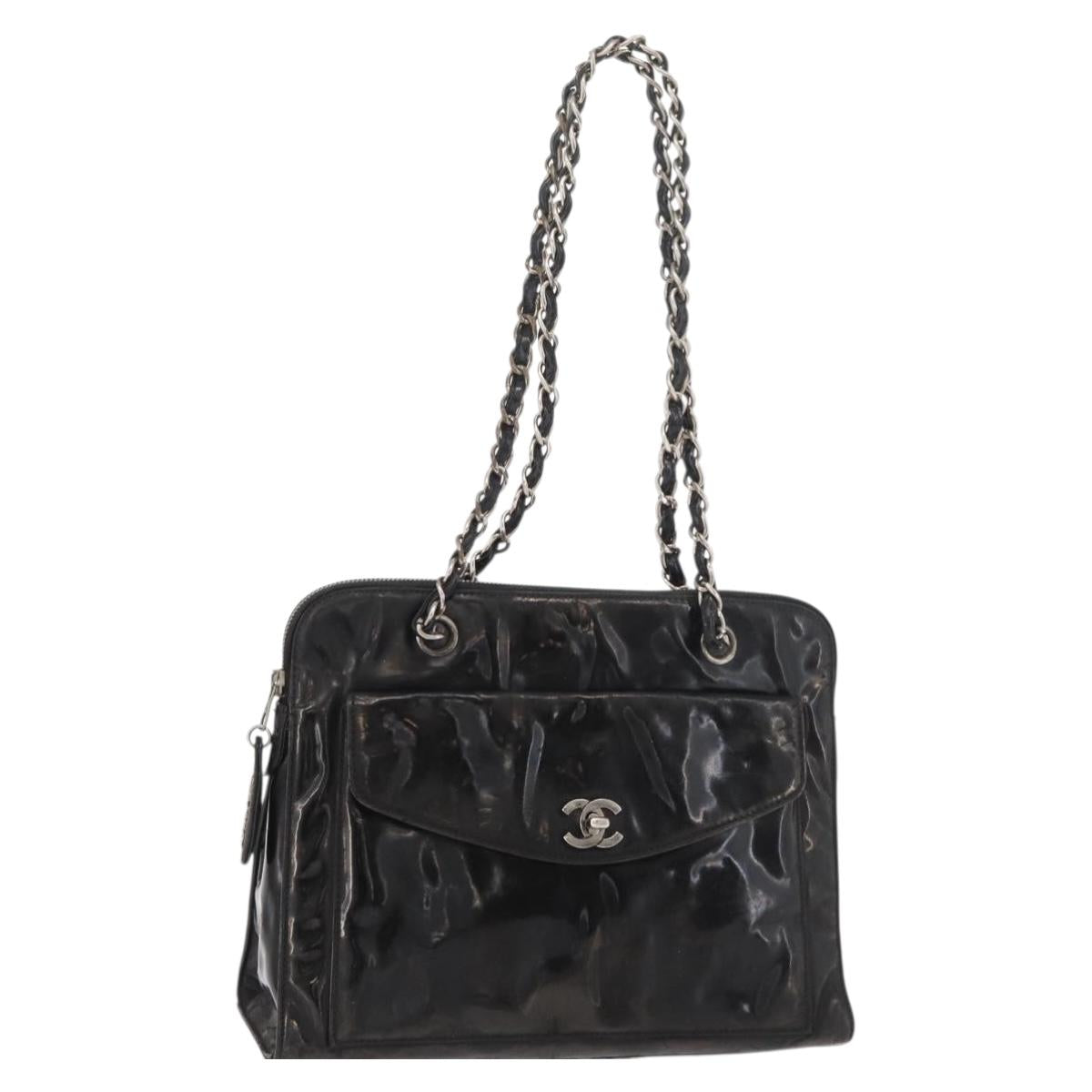 CHANEL Chain Shoulder Bag Patent leather Black Silver CC Auth bs34564