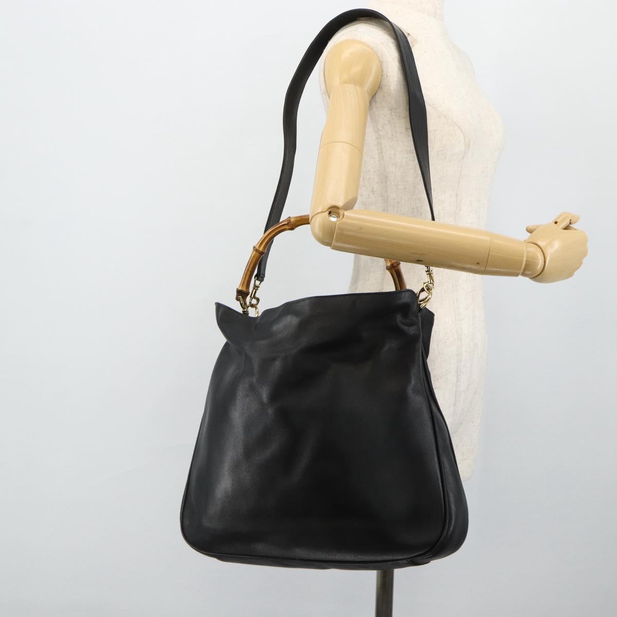 GUCCI Bamboo Shoulder Bag Leather 2way Black Gold 001 2404 1577 Auth bs34581