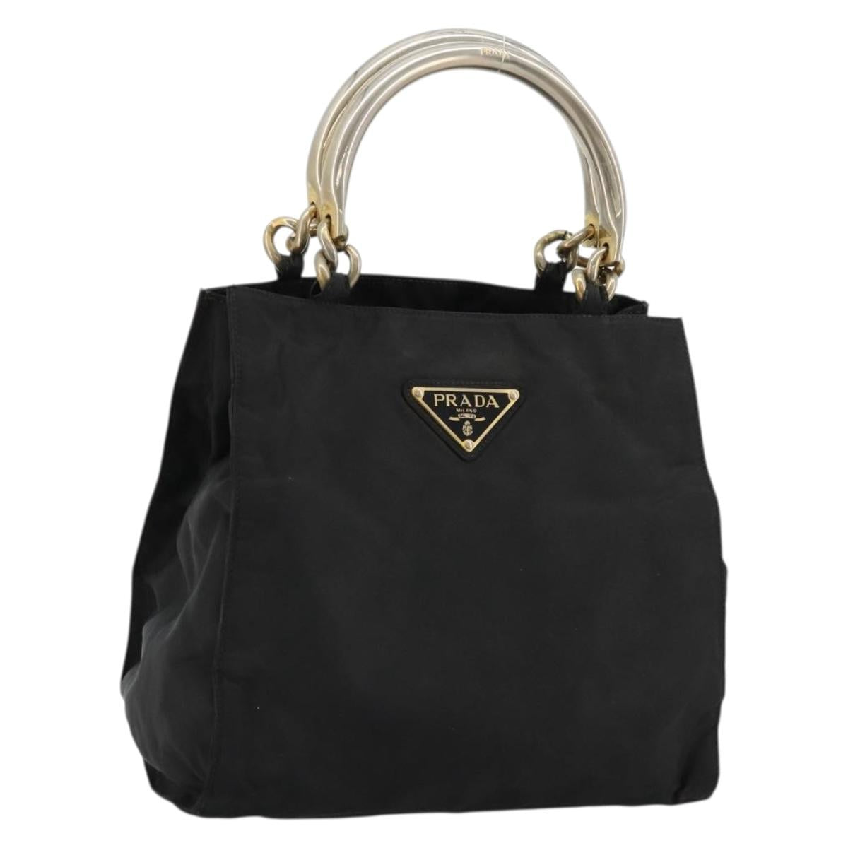 PRADA Chain Hand Bag Nylon Black Gold Auth bs34582