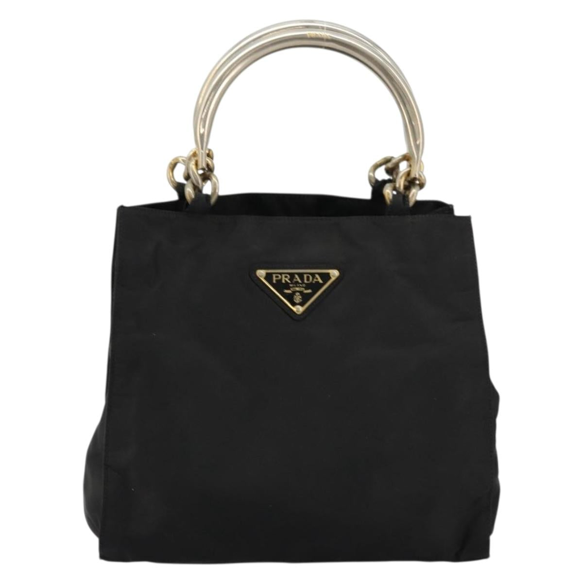 PRADA Chain Hand Bag Nylon Black Gold Auth bs34582