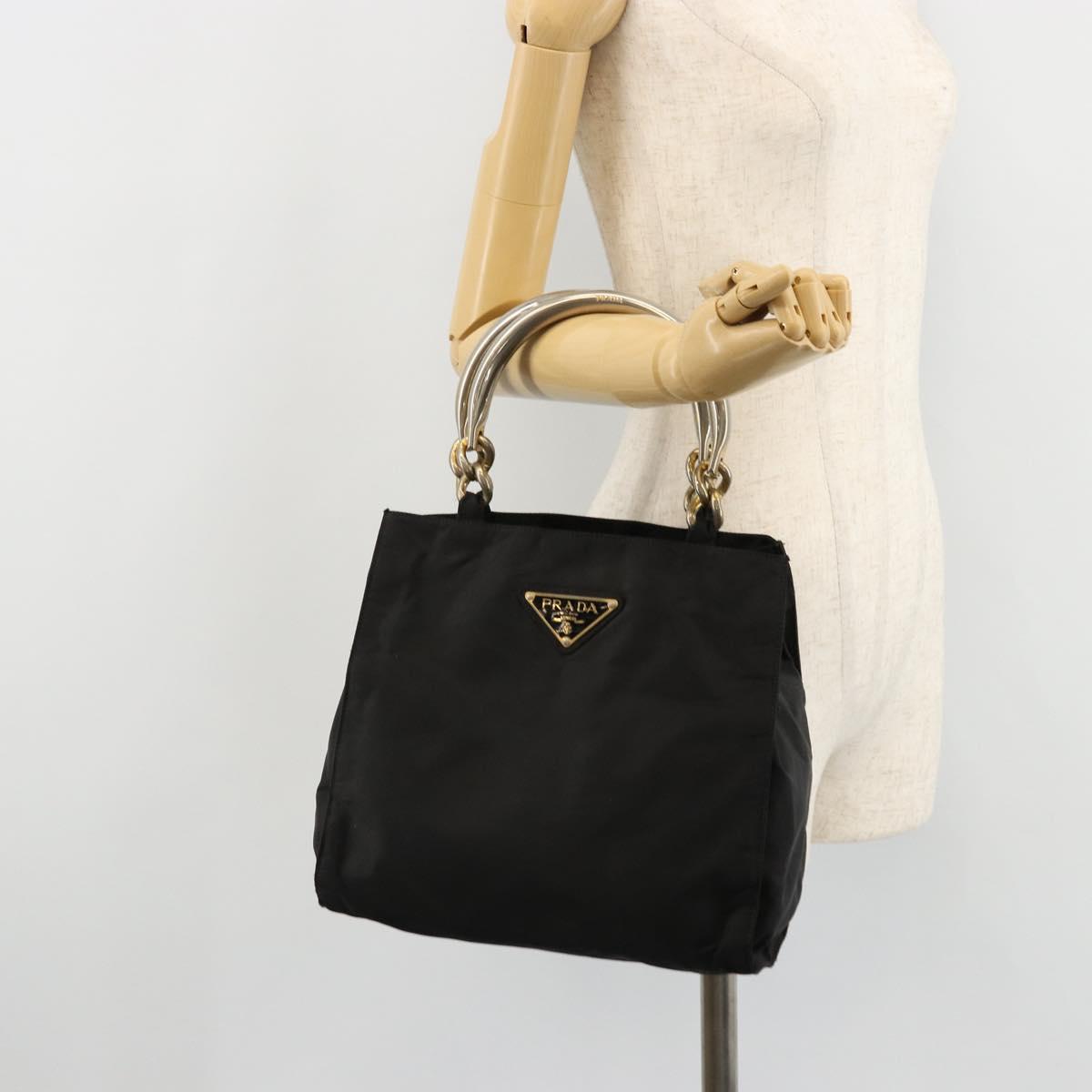 PRADA Chain Hand Bag Nylon Black Gold Auth bs34582