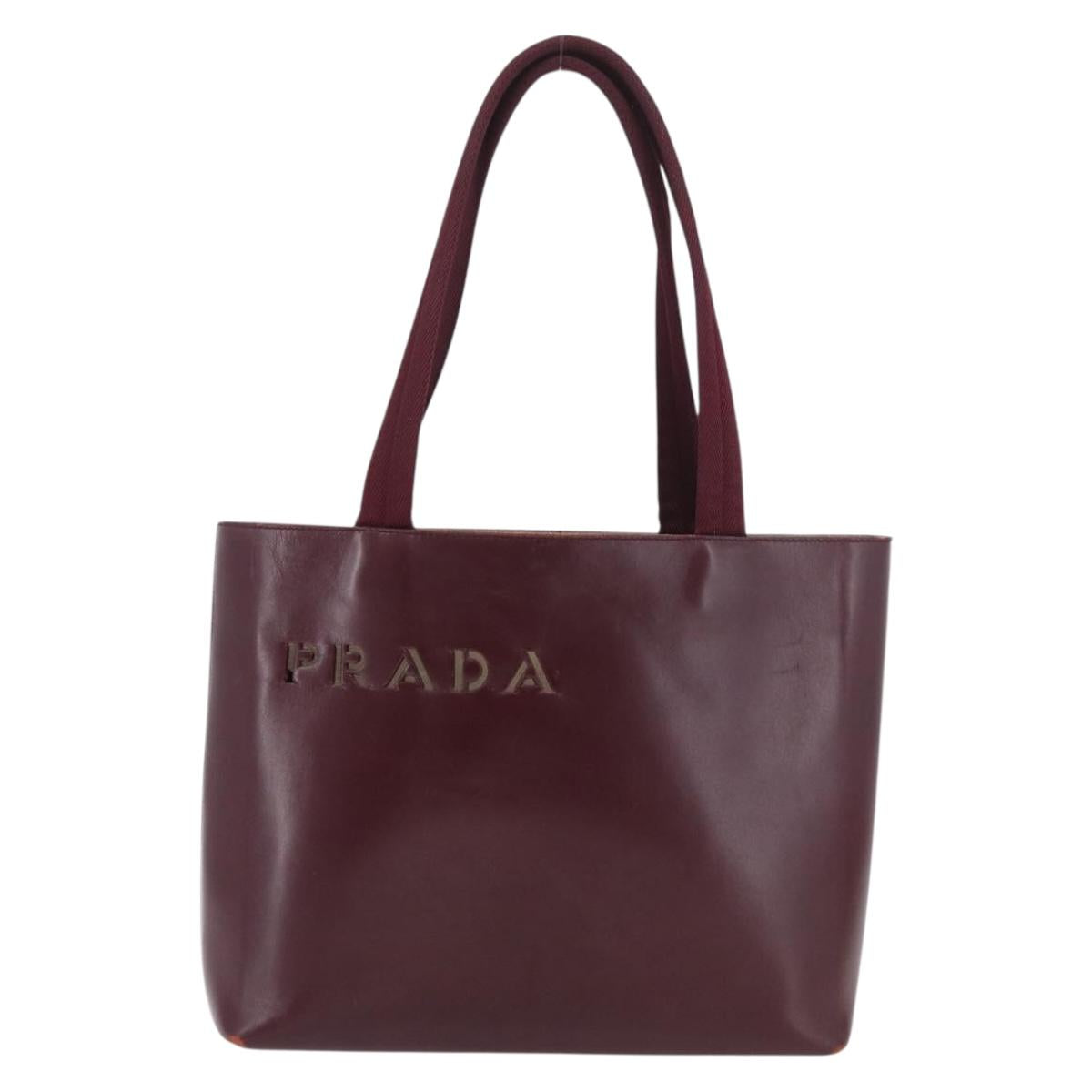 PRADA Tote Bag Leather Bordeaux Silver Auth bs34602