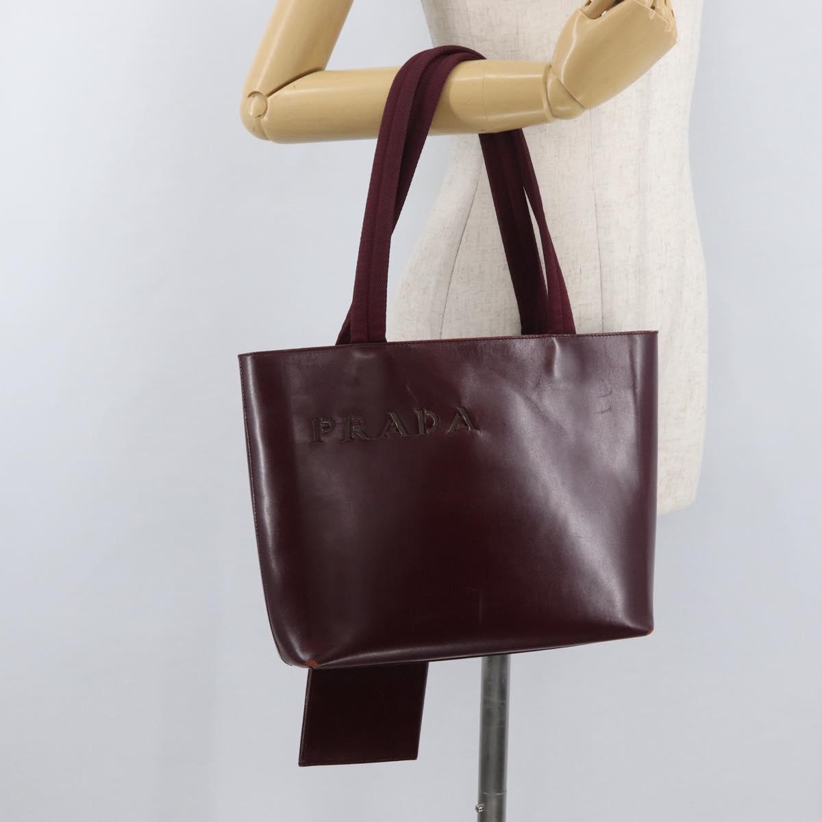 PRADA Tote Bag Leather Bordeaux Silver Auth bs34602