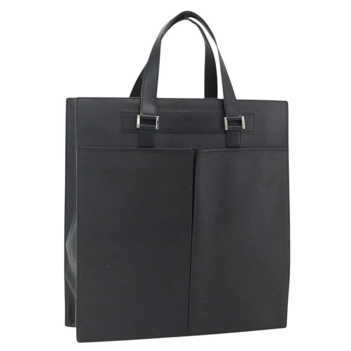 CARTIER Tote Bag Leather Black Gold Auth bs34621