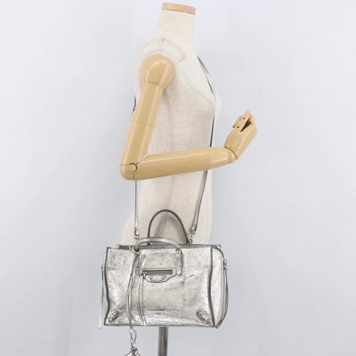 BALENCIAGA Paper Zip Around Hand Bag Leather 2way Silver 370926 Auth bs34624A