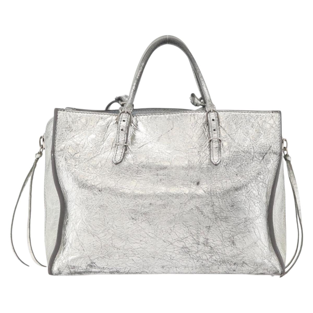 BALENCIAGA Paper Zip Around Hand Bag Leather 2way Silver 370926 Auth bs34624A
