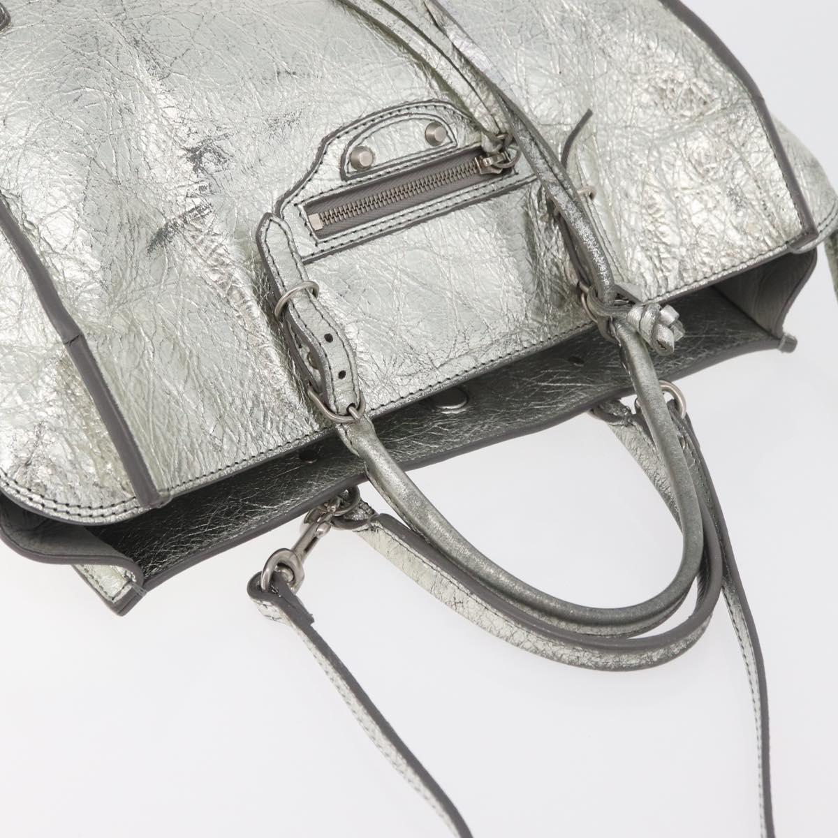 BALENCIAGA Paper Zip Around Hand Bag Leather 2way Silver 370926 Auth bs34624A