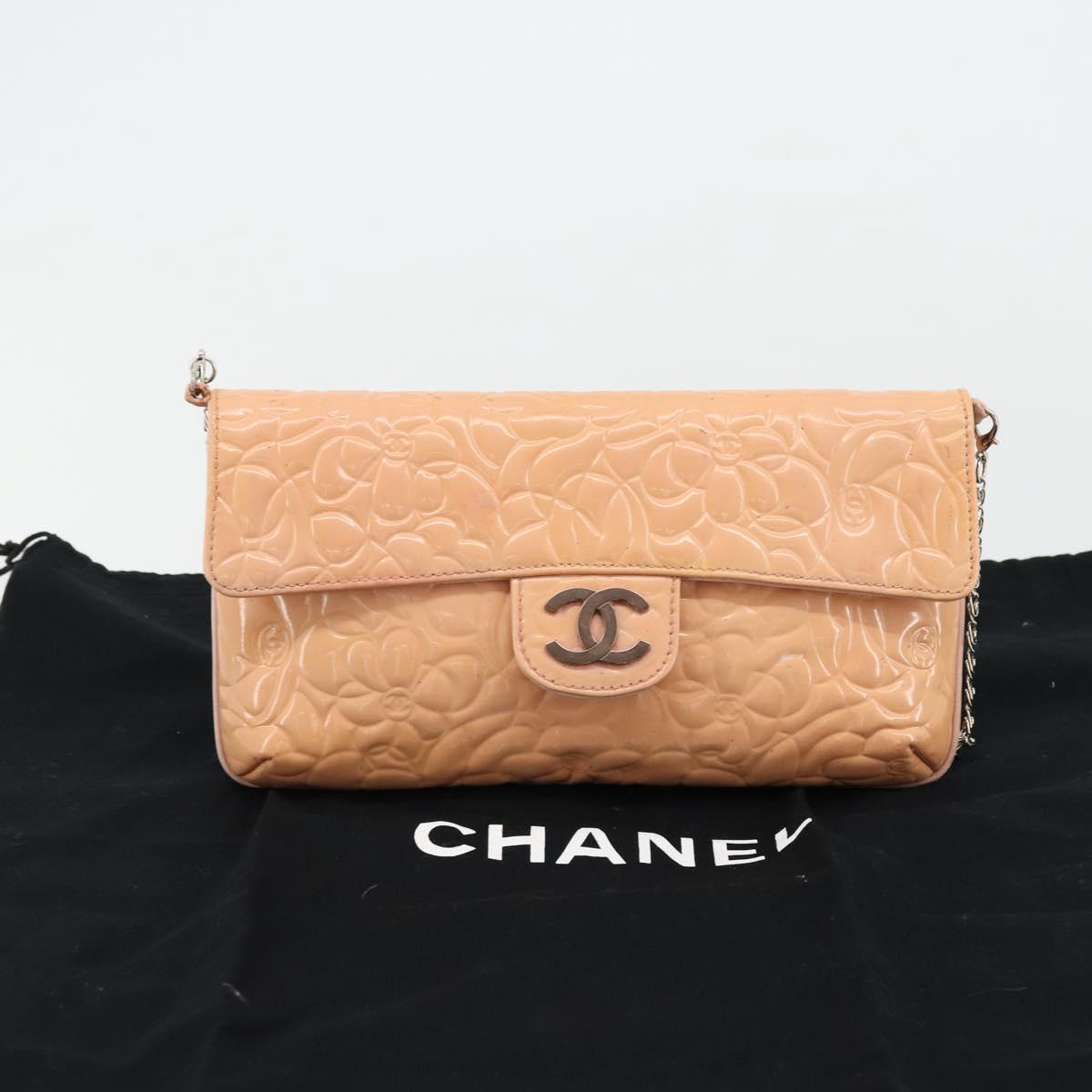 CHANEL Chain Shoulder Bag Patent Leather Pink Silver CC Auth bs34632A