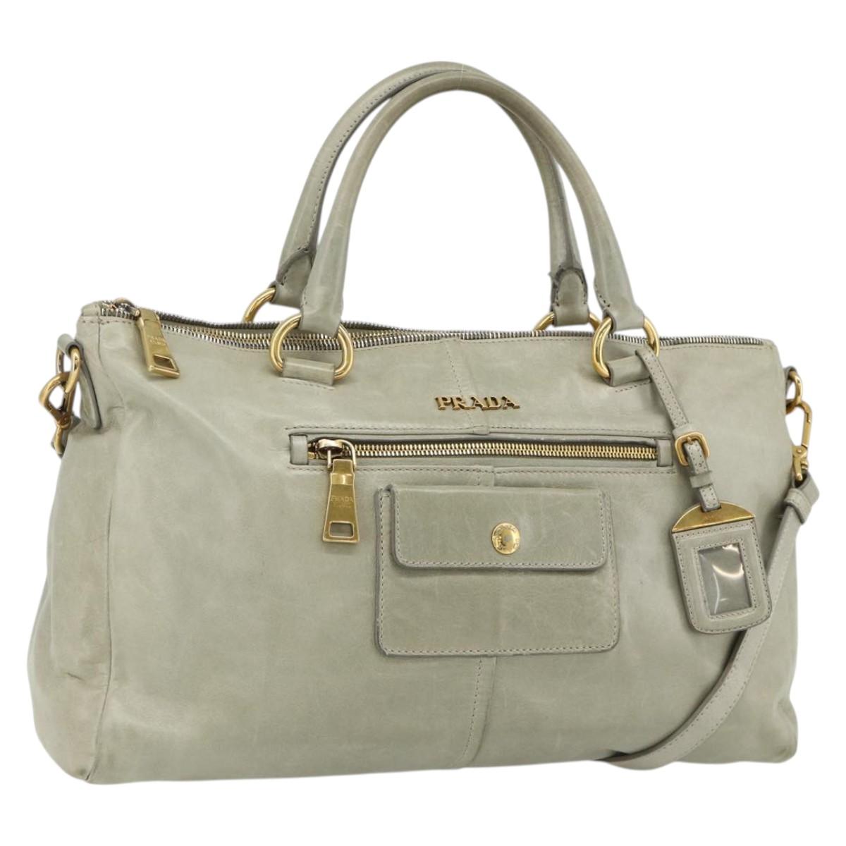 PRADA Hand Bag Leather 2way Gray Gold Auth bs34637