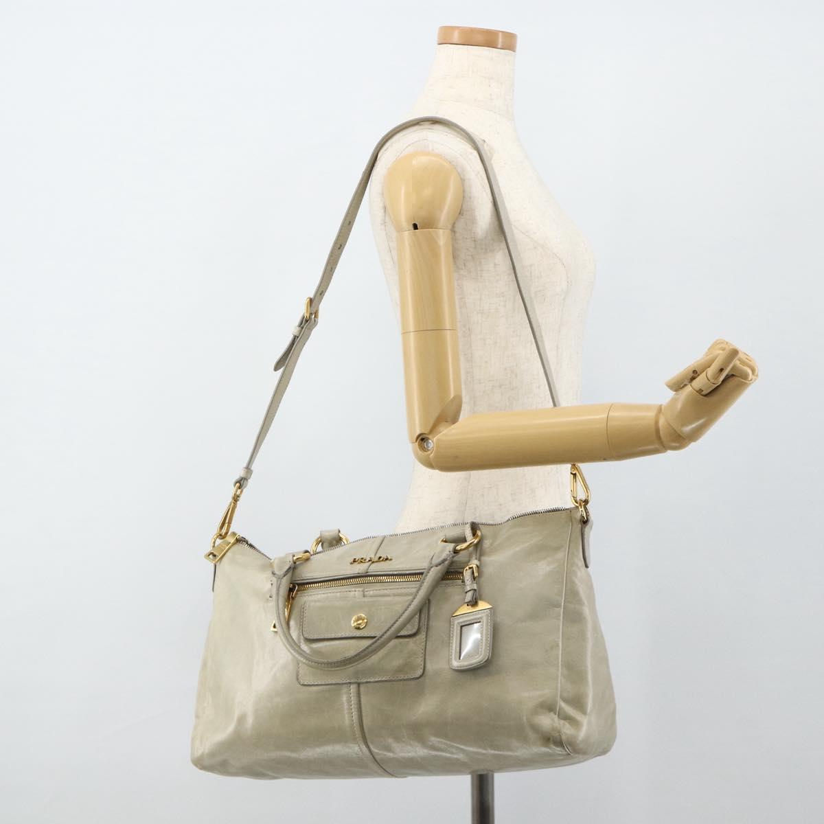 PRADA Hand Bag Leather 2way Gray Gold Auth bs34637
