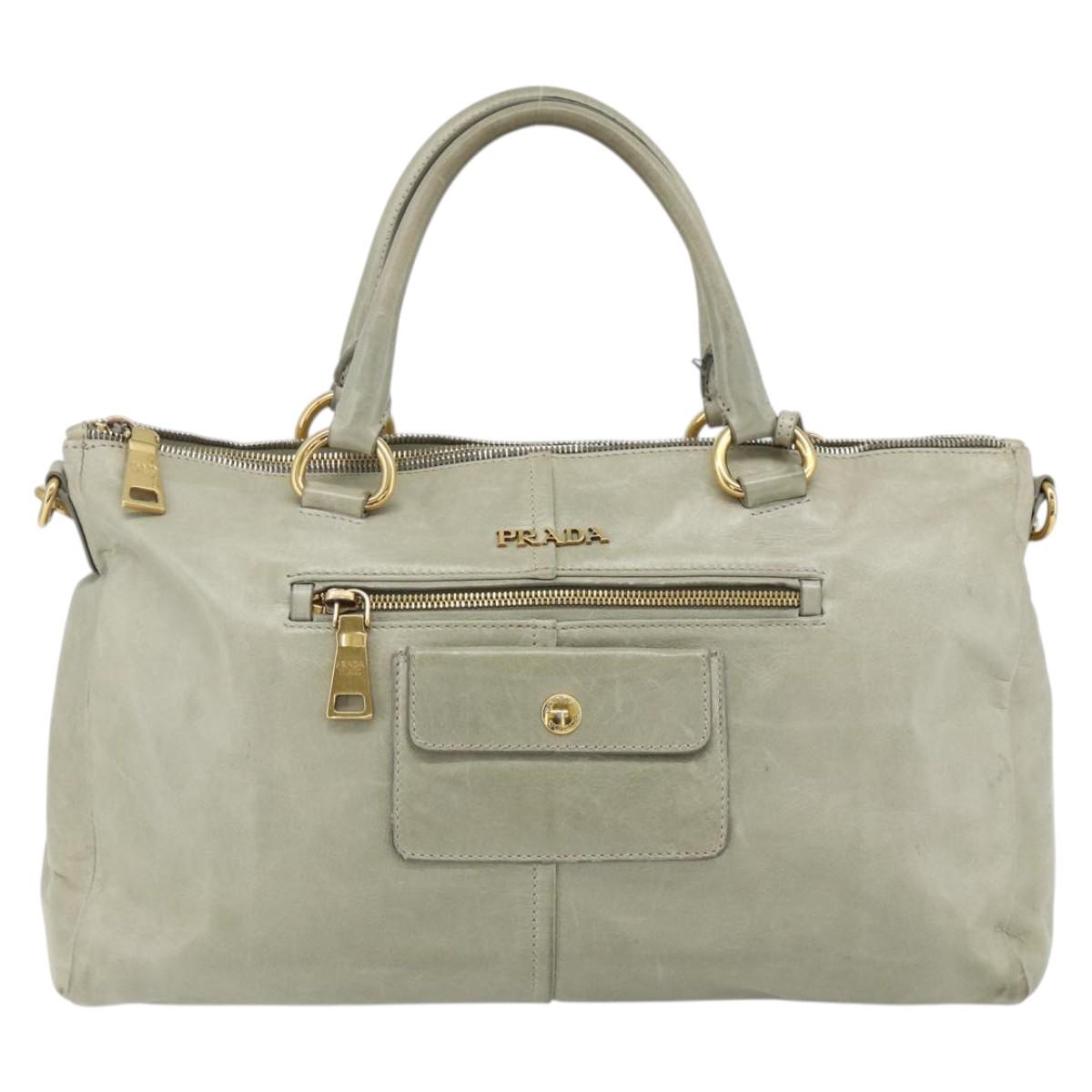 PRADA Hand Bag Leather 2way Gray Gold Auth bs34637