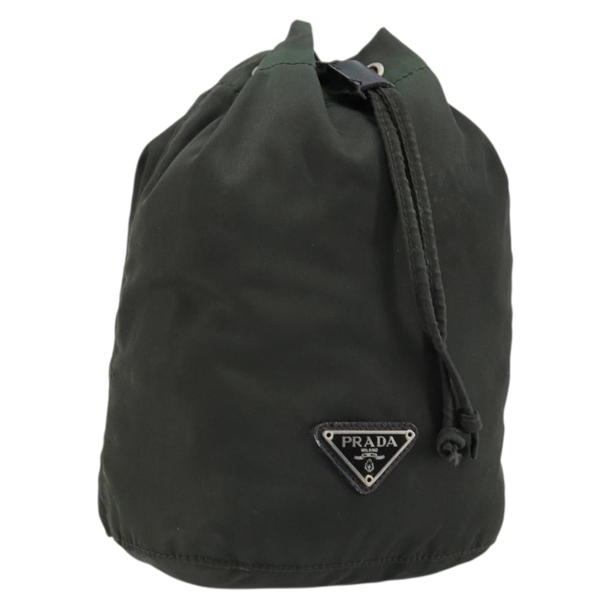 PRADA Drawstring Pouch Nylon Khaki Silver Auth bs34644