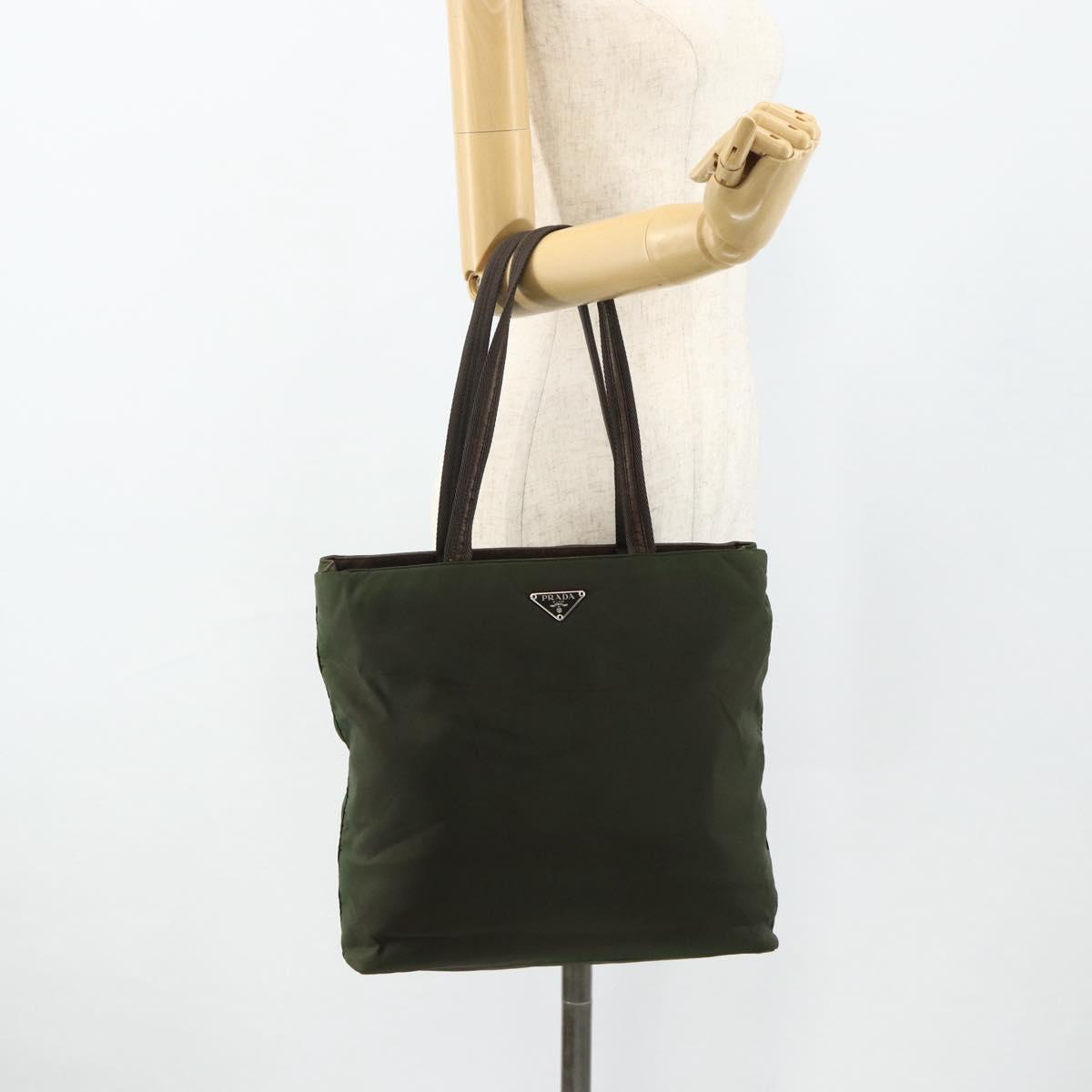 PRADA Tote Bag Nylon Khaki Silver Auth bs34647
